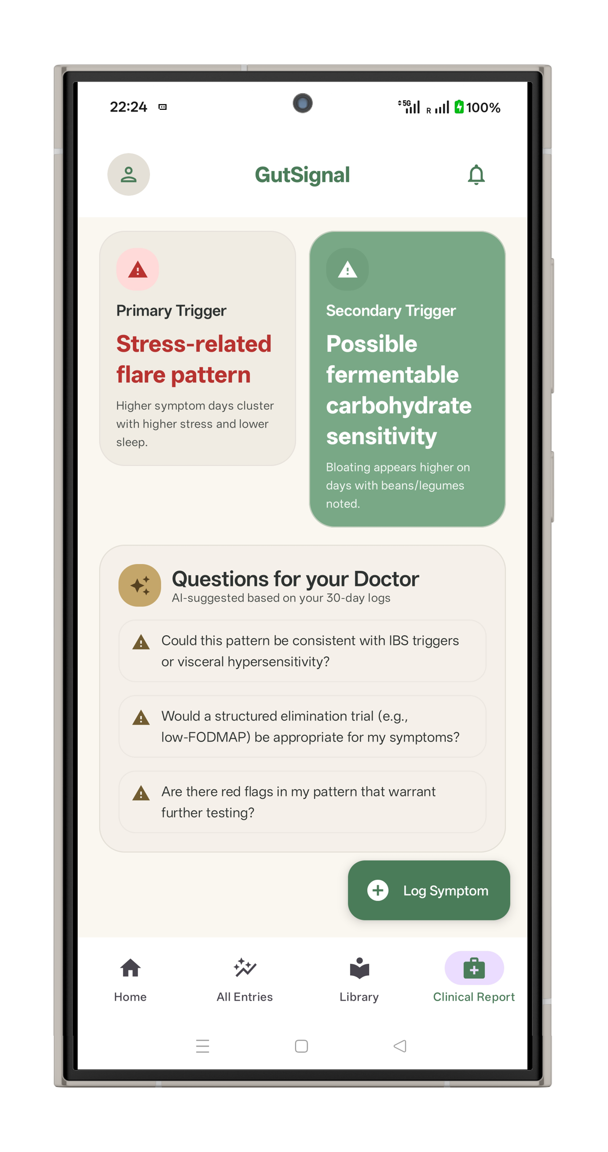 GutSignal clinical report screen mockup
