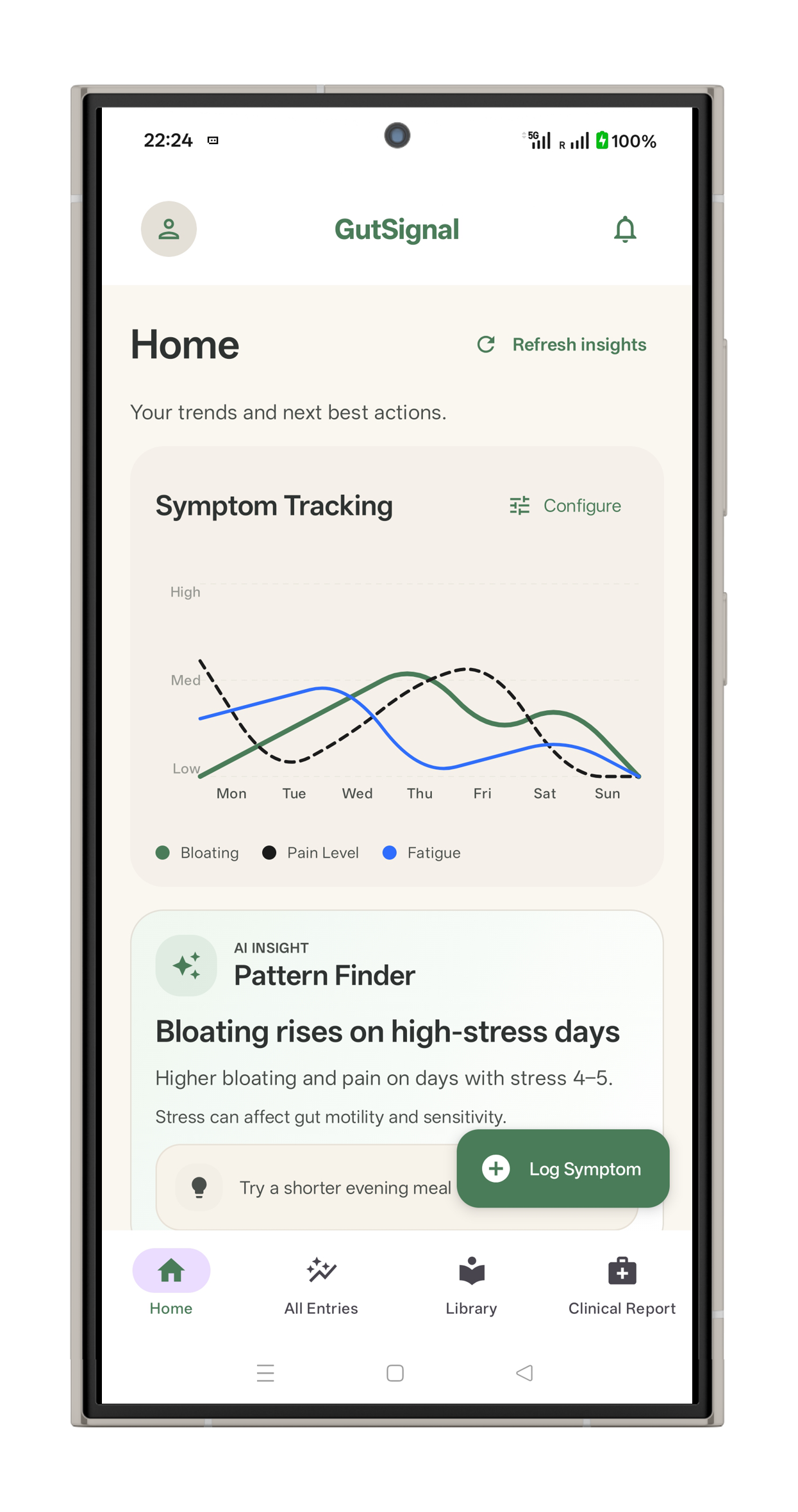 GutSignal dashboard screen mockup
