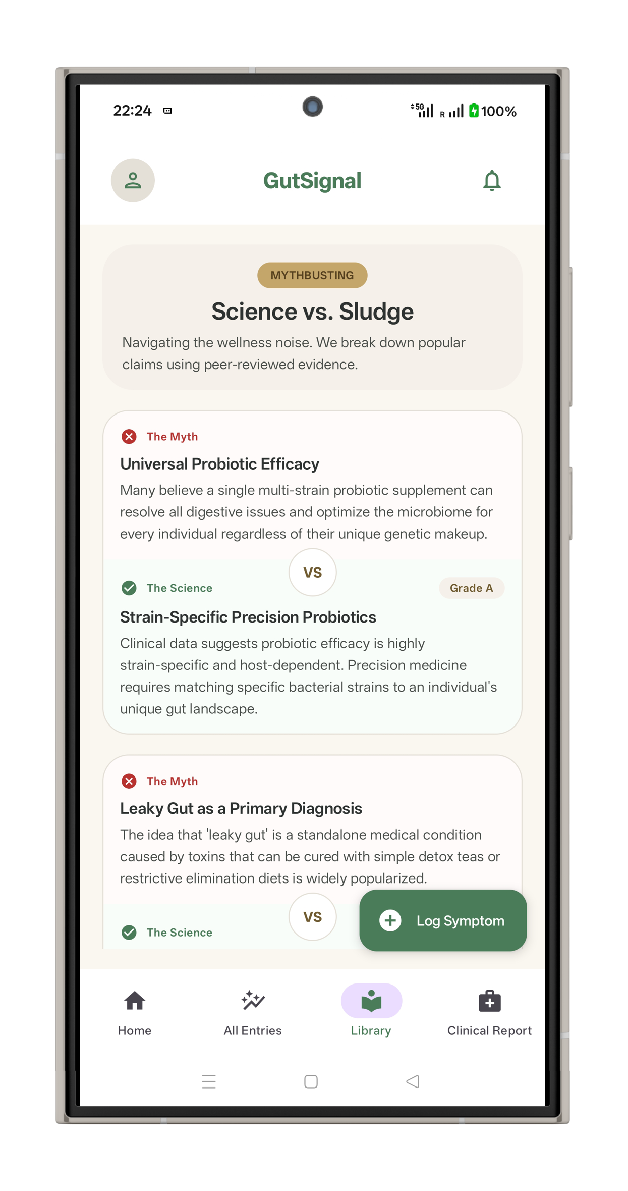 GutSignal evidence library screen mockup