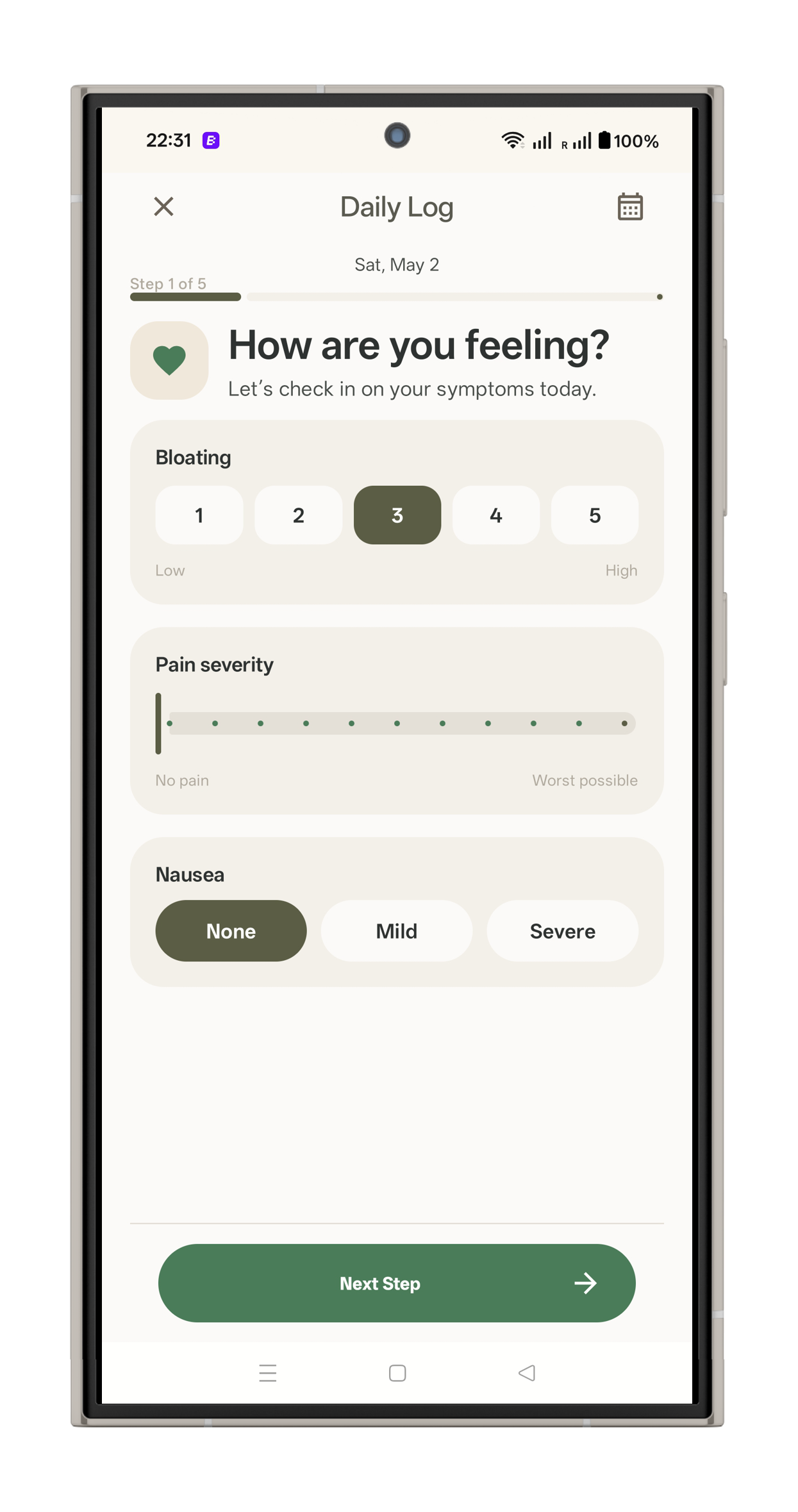 GutSignal daily log symptom step mockup